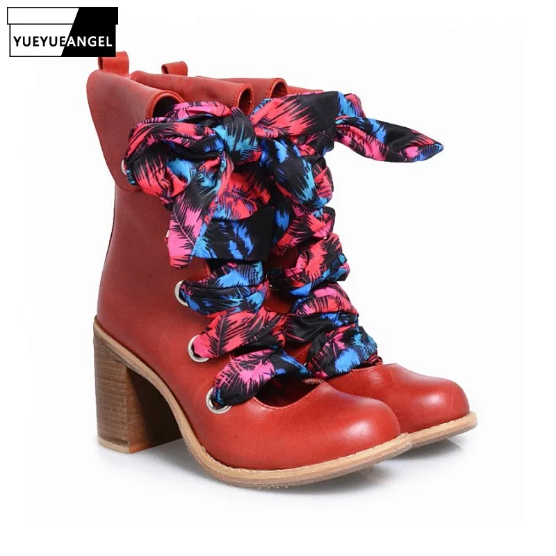 

Block Vintage Hollow Out Lace Up Women Ankle Boots Designer Sexy Round Toe High Heels Cow Leather High Top Shoes Botas Mujer