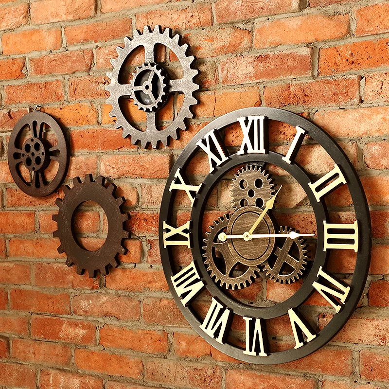 Art Gear Wooden Vintage Large Wall Clock Oversized 3D Retro Decor Popular Hot 