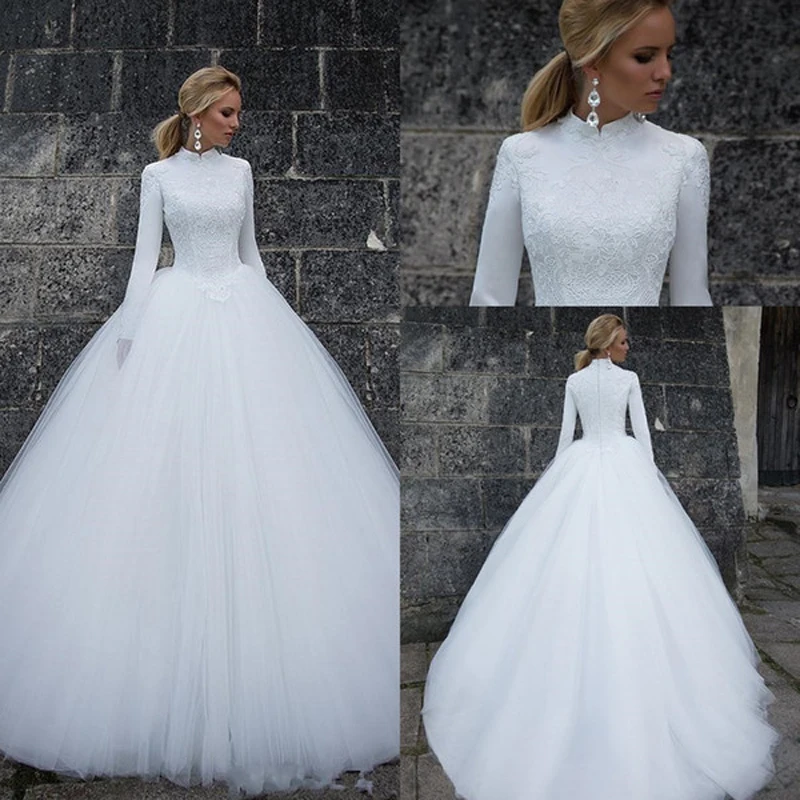 U SWEAR 2019 White Muslim Wedding Dresses A line High Neck