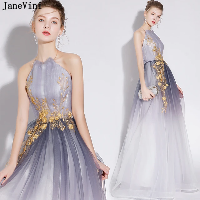 Best Price JaneVini Gray Gradient Tulle Long Bridesmaid Dresses Halter Gold Lace Appliques Backless Floor Length Elegant Prom Gowns 2019 Best Price JaneVini Gray Gradient Tulle Long Bridesmaid Dresses Halter Gold Lace Appliques Backless Floor Length Elegant Prom Gowns 2019