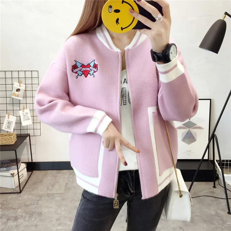 HF1795 Pink H. SA, корейский женский вязаный свитер, кардиганы, повседневный пончо на молнии, свитер, Femme, с вышивкой в виде сердца, осенние кардиганы, Feminina - Цвет: HF1795 Pink