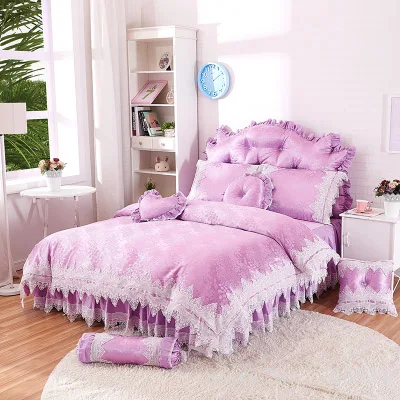 Белый/розовый сладкий принцесса сатин хлопок домашний постельный комплект 4 шт. Кружева оборками пододеяльник покрывало кровать юбка постельное белье Король Королева - Цвет: A3 Purple