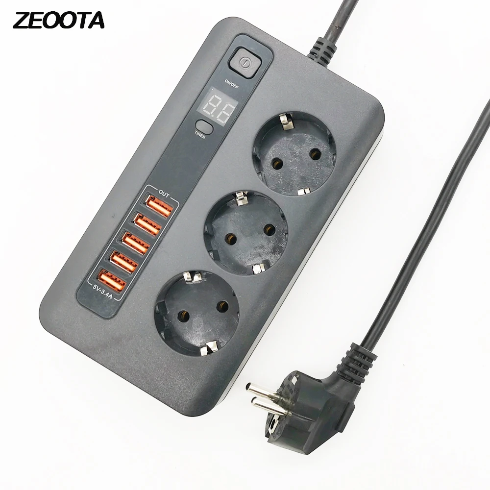 

Power Strip Surge Protector 3 EU Plug Outlets Electric Socket with USB 5 Ports Charger Adapter Dock 5V 3.4A 2m Extension Cord