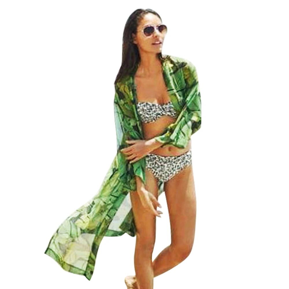 Meilleur 2017 Femmes Élégant Vert Feuilles Imprimer Longue Mousseline de Soie Kimonos Tricots Vintage Bikini Cover Up Plage Cape Cardigan Chemises