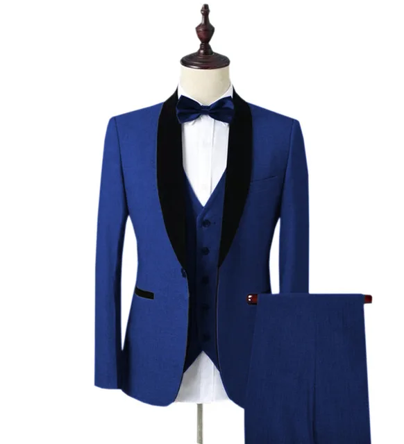 

Bespoke Blue Men Wedding Suits Single breasted 3 Piece (Jacket+Vest+Pants) Shawl lapel For Men Slim Fit Wedding Groom Prom Suits