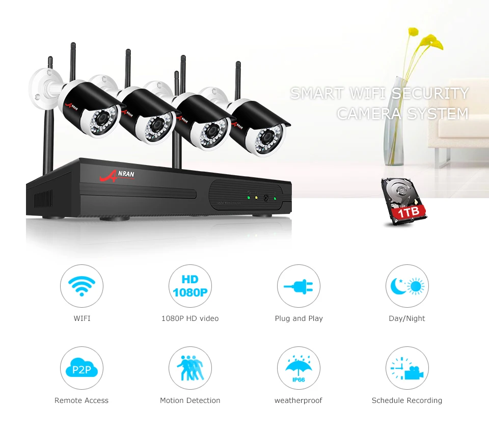 ANRAN P2P Plug Play 1080P 4CH HD wifi NVR уличная сетевая ip-камера видеонаблюдения CCTV Беспроводная система безопасности жесткий диск