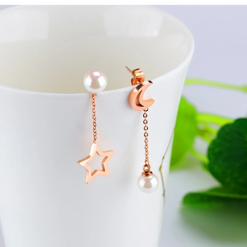 

ladies rose gold stainless steel stud earrings korean star moon earings luxury pearl small earrings for women fashion jewelry