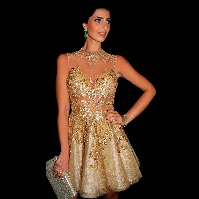 Sexy Short Gold Cocktail Dresses Lace Appliques Crystal Sheer High Neck