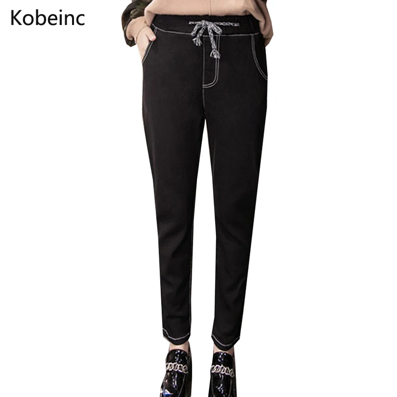 

Large Size Women Jeans Fashion Solid Washed Denim Pants Slim High Waist Drawstring Harem Pants Retro Winter Women Trousers