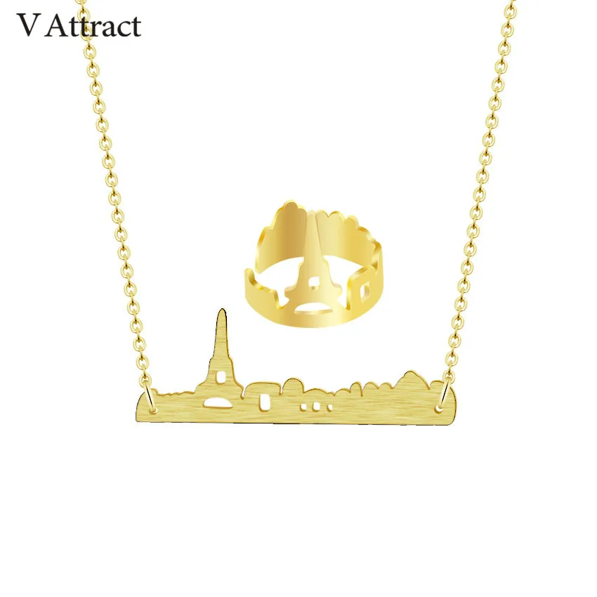 

V Attract France Paris Skyline Pendant Wedding Rings For Women Cityscape Jewelry Sets Stainless Steel Collier Femme Gold Anel