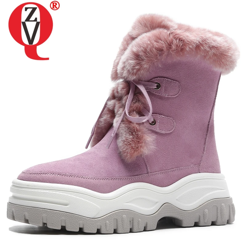 

ZVQ rabbit hair snow booties woman Wool blend plush insole flat platform shoes winter fur cow suede round toe ankle boots