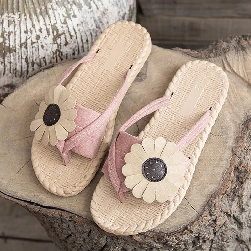 Популярные Милые Пляжные шлепанцы с цветочным рисунком Женская обувь домашние летние тапочки женские шлепанцы на плоской подошве