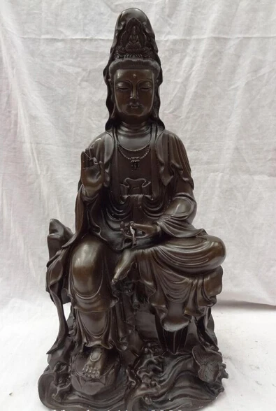 

JP S0606 19" Chinese Pure Bronze Buddhist Sit Kwan-Yin Guan Yin Pot Statue Goddess Joss
