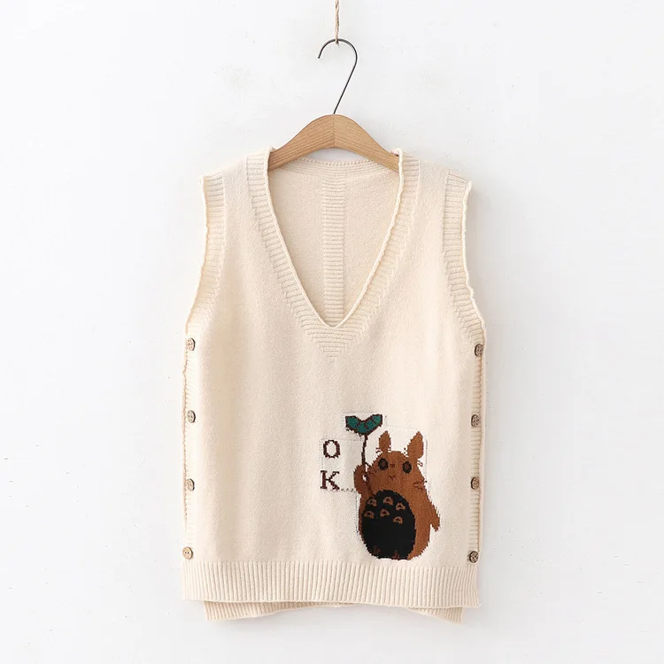 

Mori girl sweet small fresh simple button cartoon jacquard female knit vest sleeveless sweater pullover 54465