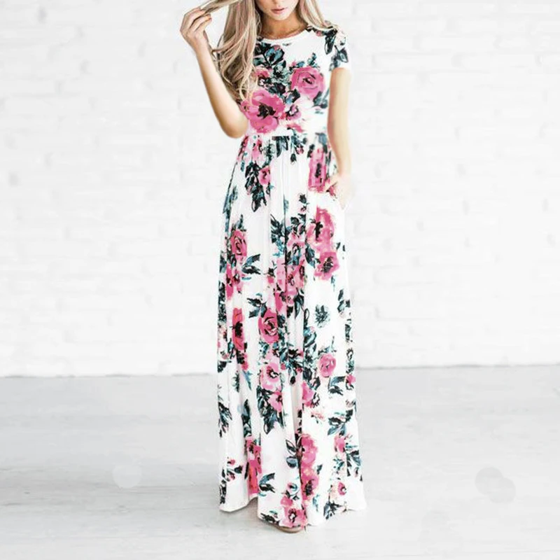

Summer Long Dress Floral Print Boho Beach Dress Tunic Maxi Dress Women Ladies Evening Party Dresses Sundress