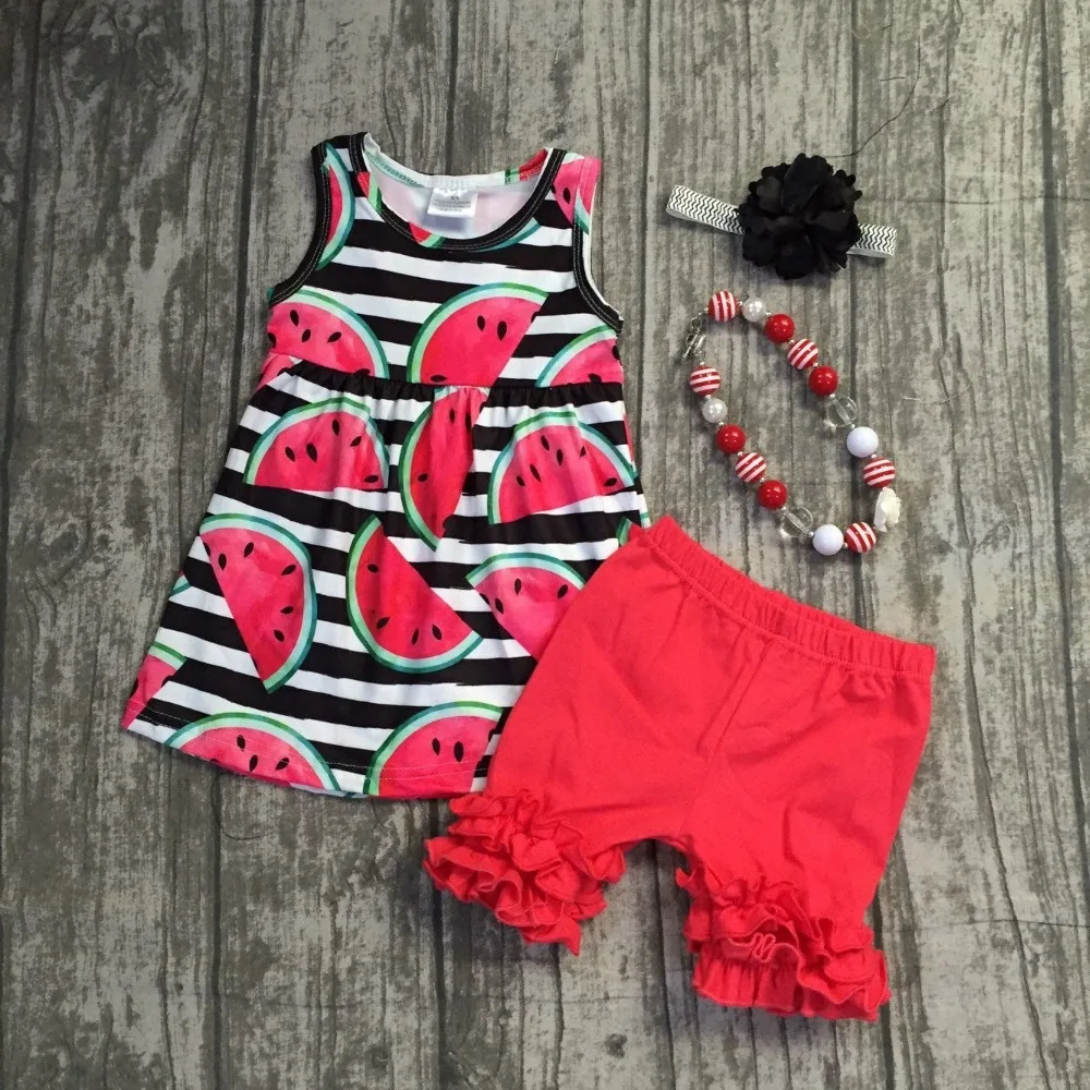 

new arrivals baby girls summer outfits watermelon striped ruffle shorts boutiques cotton clothing with accessories kids wear