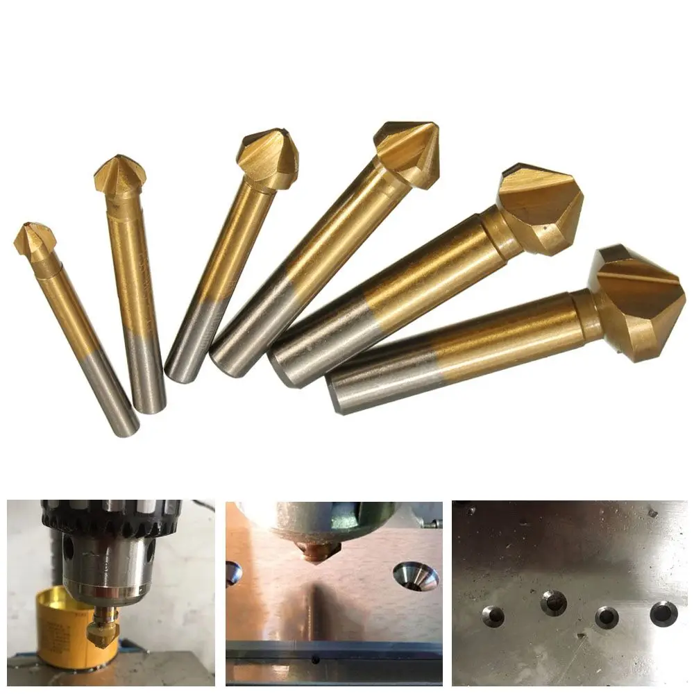 6pcs/Set 3 Flute HSS Hard Metals Titanium Three Edge Chamfer Chamfering End Mill Cutter Bit Drill Bit Countersink Set