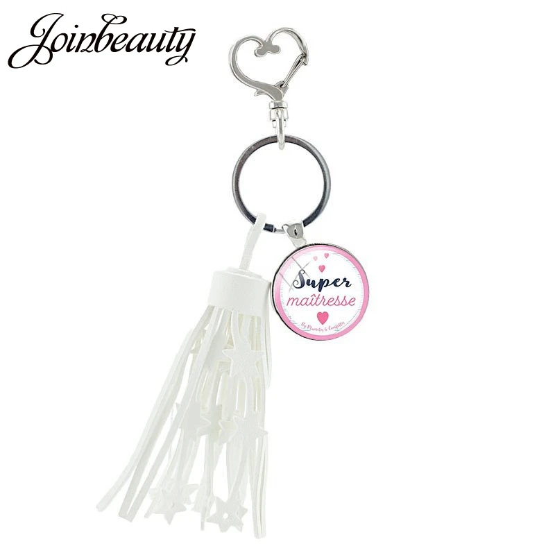 

JOINBEAUTY Super Marraine Merci Maitresse Heart Shaped Buckle Keychain Silver Metal Glass French Pattern Key Chain Jewelry MM69