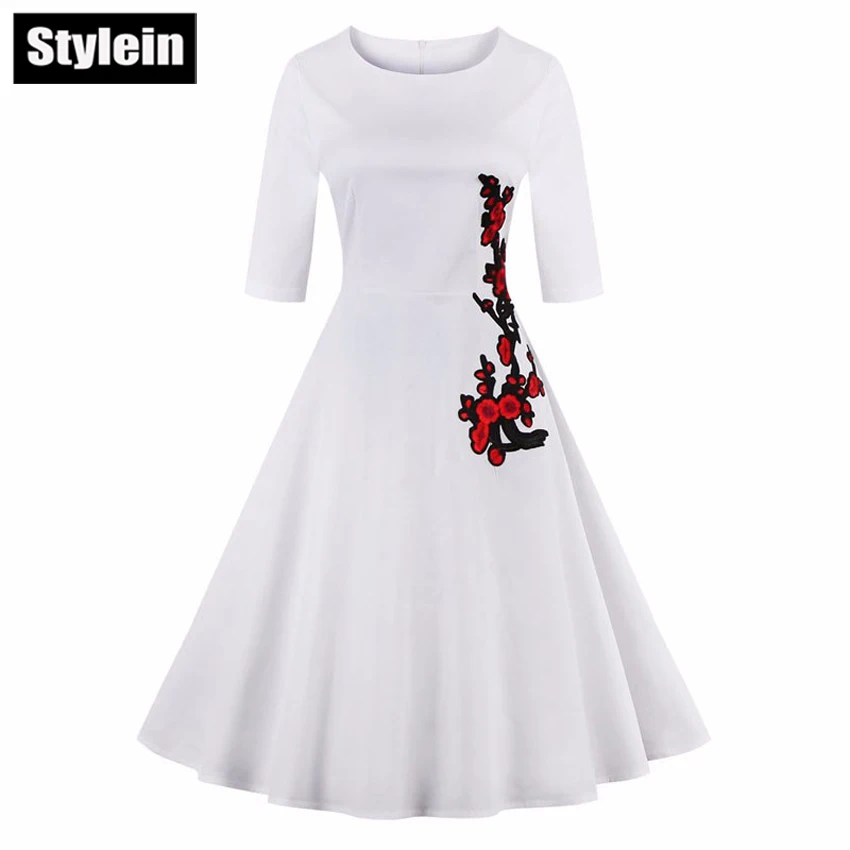 Stylein Дамской одежды Весна Лето Dress Цветочной Вышивкой Черный Белый Vintage