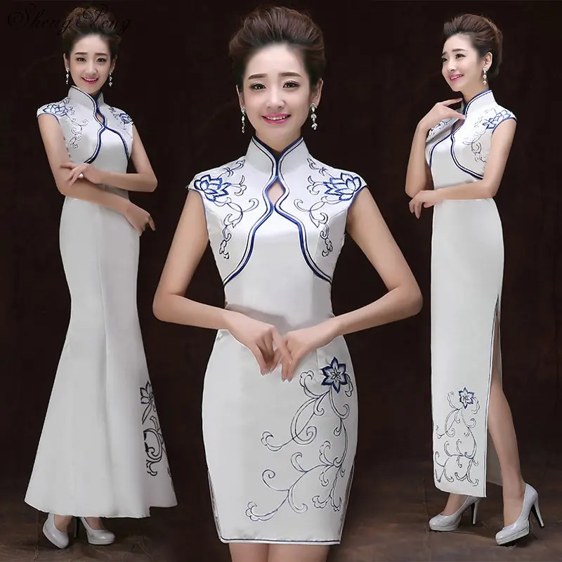

New Long Silk Cheongsam Dress Blue and White Porcelain Modern Qipao Dress Chinese Traditional Dress Vestido De Festa Qi Pao V809