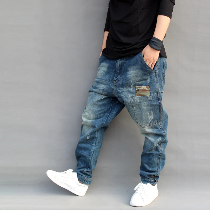 Mens Jeans Casual Joggers Plus Size Hip Hop Harem Denim Pants Camouflage Patchwork Quality Trousers Blue M-6XL