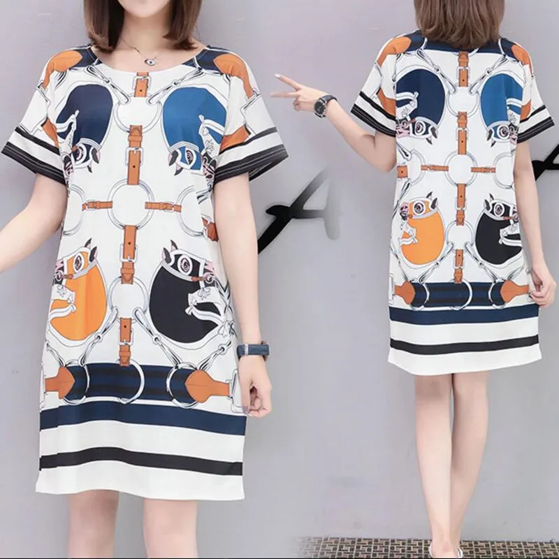 Fashion Summer Oversized Loose Dress Women Plus Size O Neck Half Sleeves Printed Casual T Shirt Dress Streetwear Mini Dress