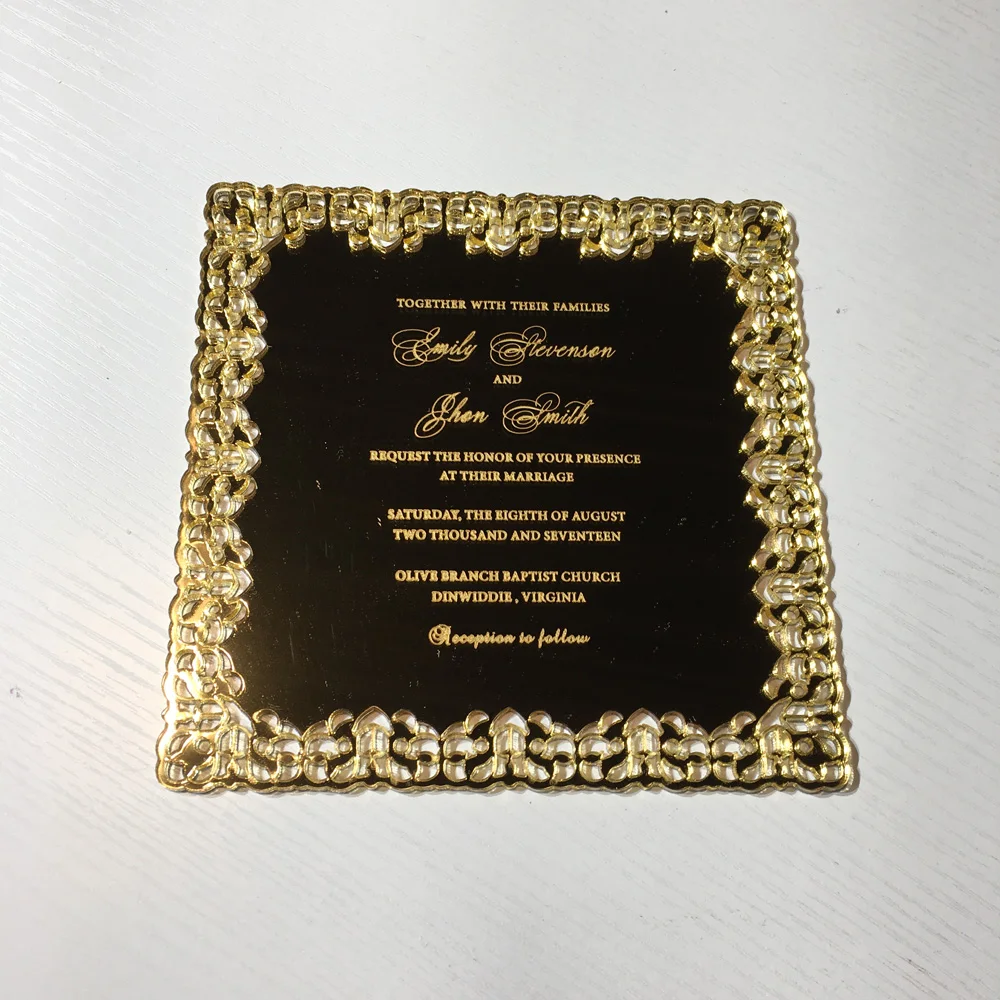  Romantic Luxury 150x150mm Square Shape Hollow Out Pattern Golden Mirror Acrylic Wedding Invitations - 32826509602