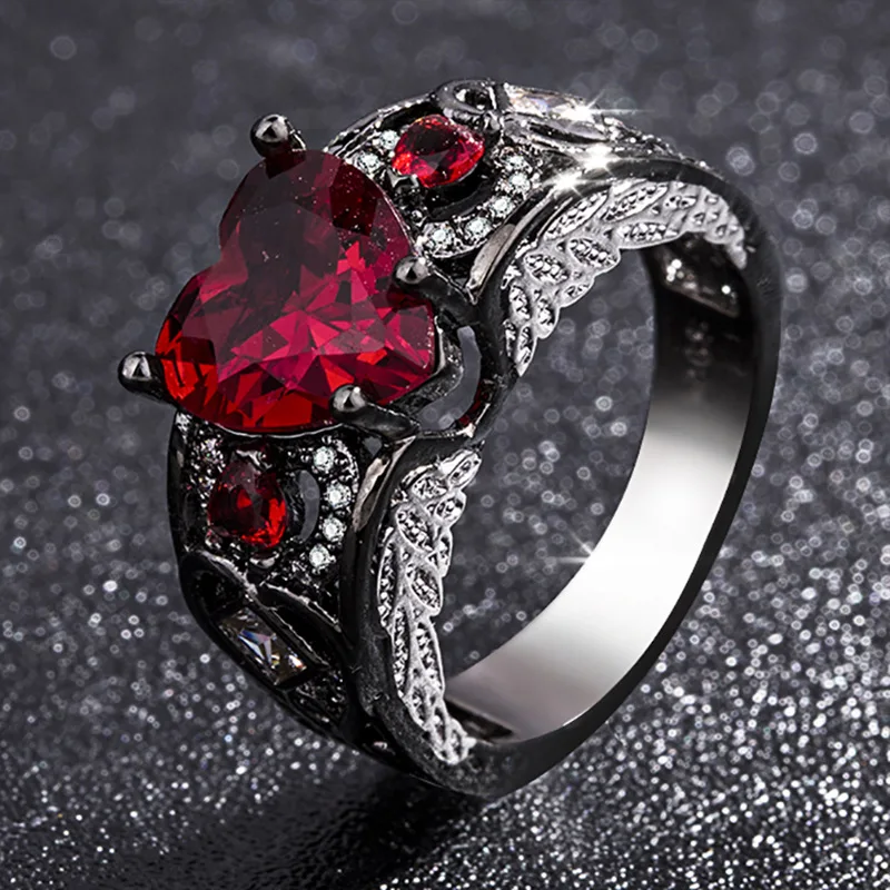 

Vintage June Birthstone Red Heart S925 Silver Ring Female Black Gold Filled Lucky Angel Wing Zircon Ring Gift