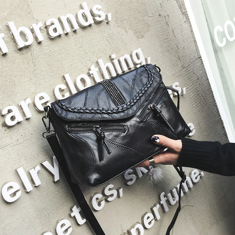 2017 Boho Style Sheepskin Patchwork Weave Shoulder bags for Women Soft Genuine Leather Luxury