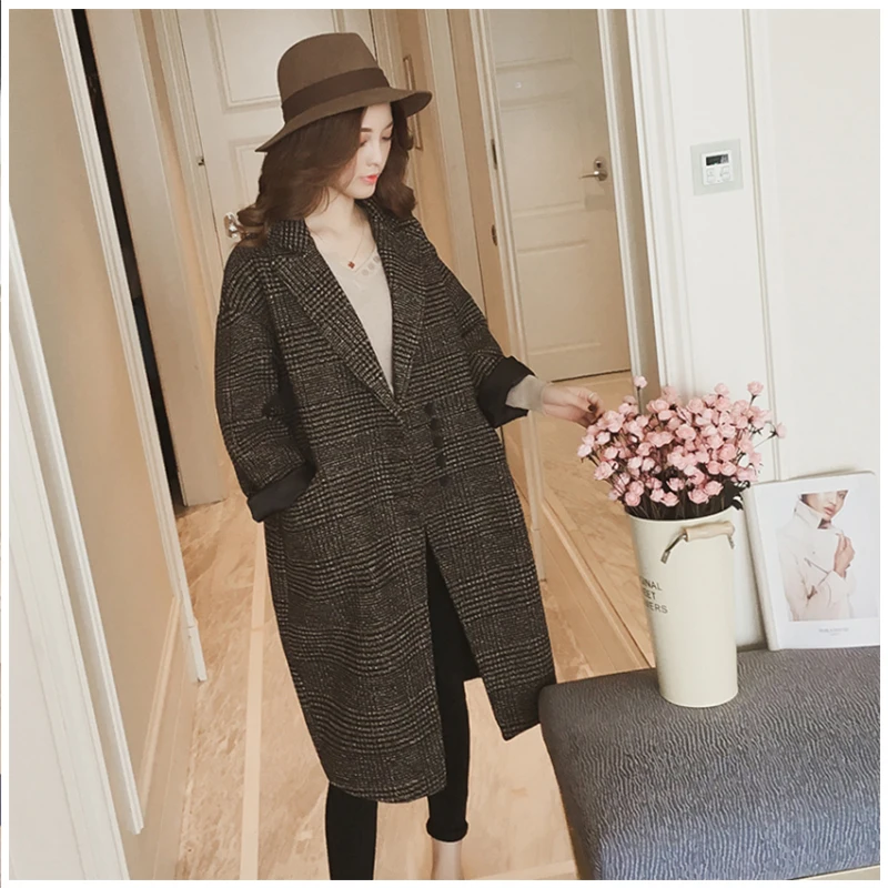 Plaid Coat Windbreaker Jacket Vintage Elegant Woolen Coat Pocket Button Wool Long Coat Ropa De Invierno Para Mujer 2018