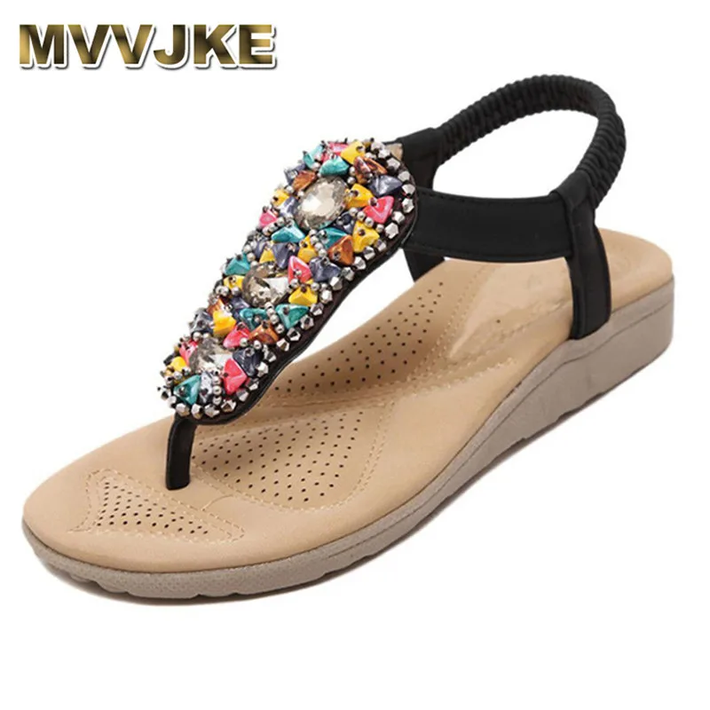 

MVVJKE Hot Fashion Summer Women Beach Flip Flops Students Bohemia Beaded Flat Sandals Rhinestone Flats