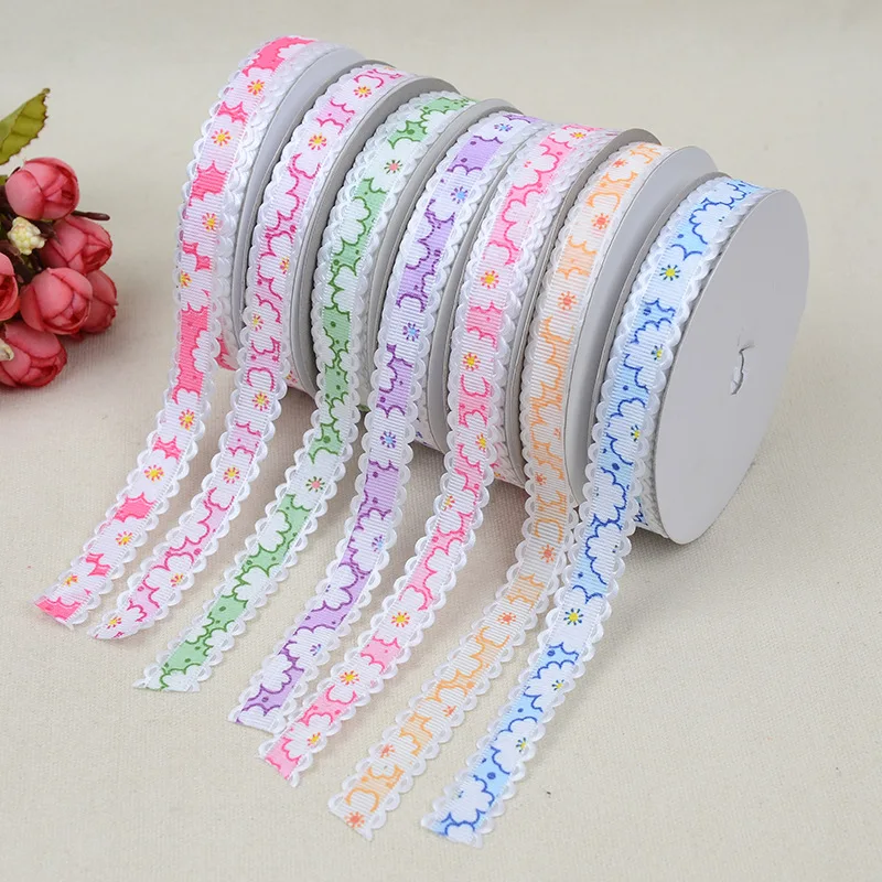 Grosgrain Ribbon Printed Flower Lace Edge 15mm High Quality For