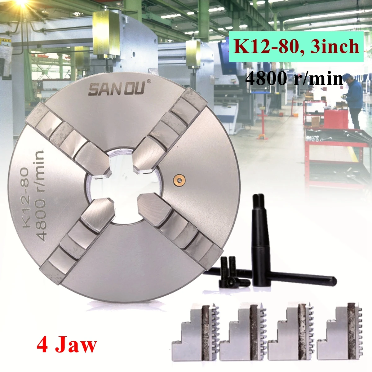

SANOU K12-80 Lathe Chuck 80mm 4 Jaw Self Centering Hardened Reversible Tool Lathe Tools for Drilling Milling Machine