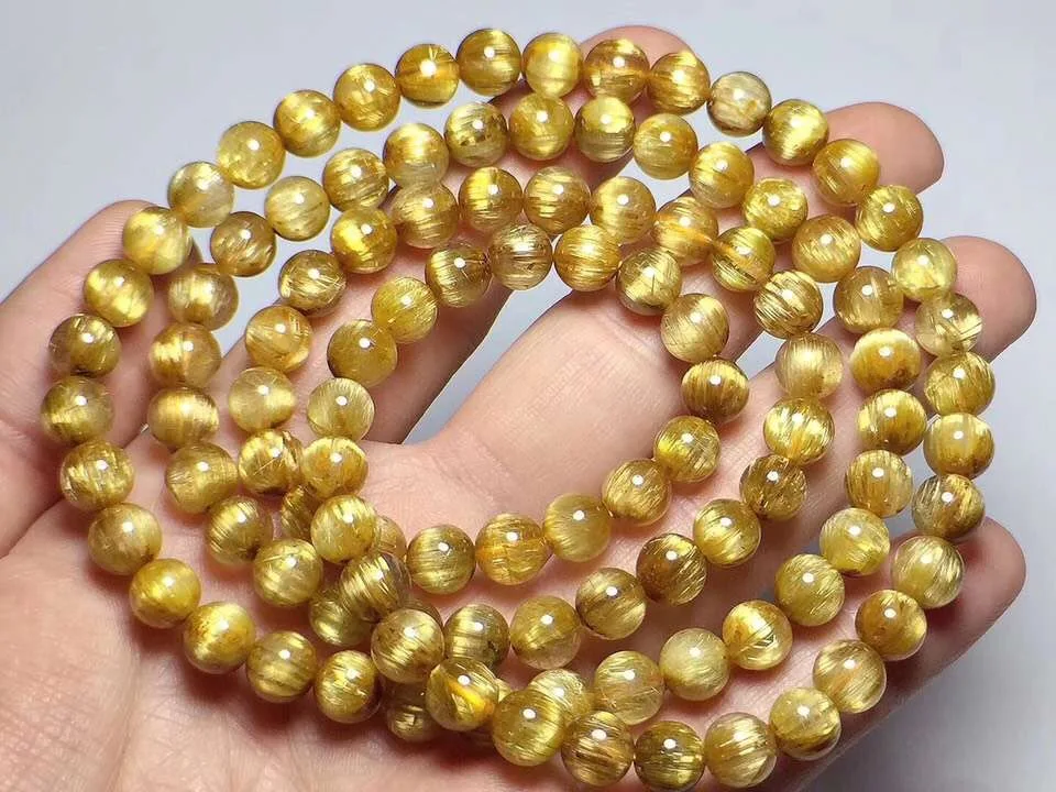 

7.6mm Natural Gold Rutilated Titanium Quartz Bracelet Brazil Women Men Cat Eye Effect Beads Crystal Stretch Jewelry Certificate
