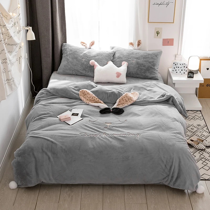 

Gray Pink White Thick Fleece Fabric Lovely Rabbit Ears Girls Bedding Sets Soft Flannel Duvet Cover Bed sheet/Linen Pillowcases