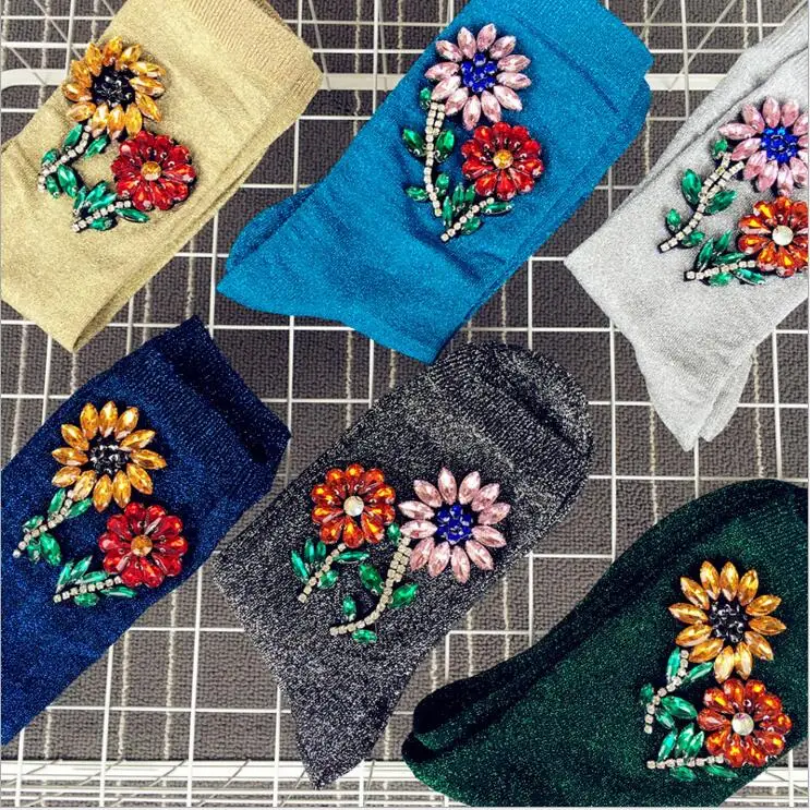 New Arrived Korean Style Fashion Glitter Socks Women Spring gem Flower Gem Candy