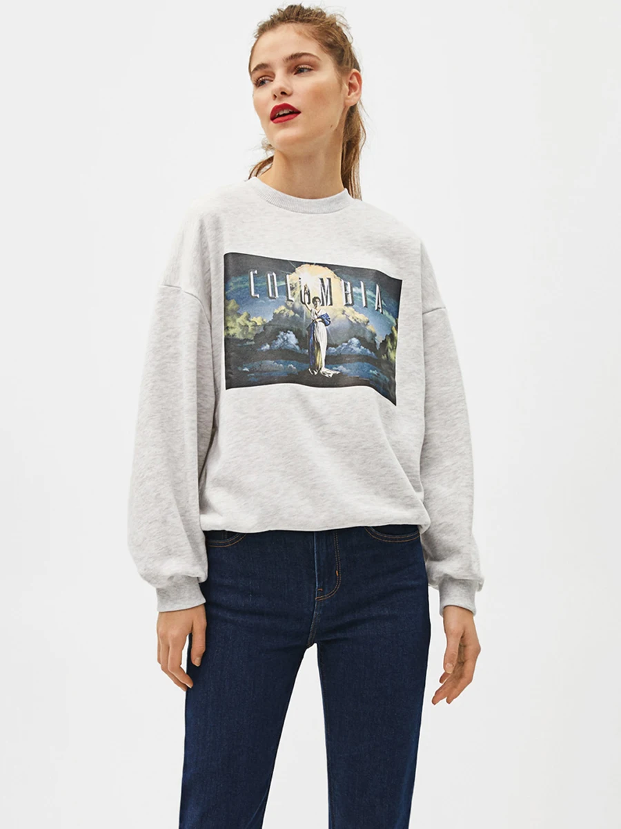 2019 Женский трикотажный хлопчатобумажный пуловер с длинными рукавами, Свободный Повседневный рисунок, принт с фонариком, толстовка с