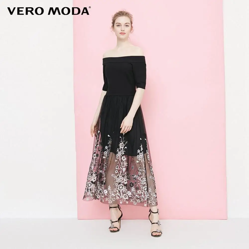 Vero Moda женские с открытыми плечами вышитые трикотажные Gauzy сплайсинга платье вечерние платья | 31837C533 - Цвет: Black511