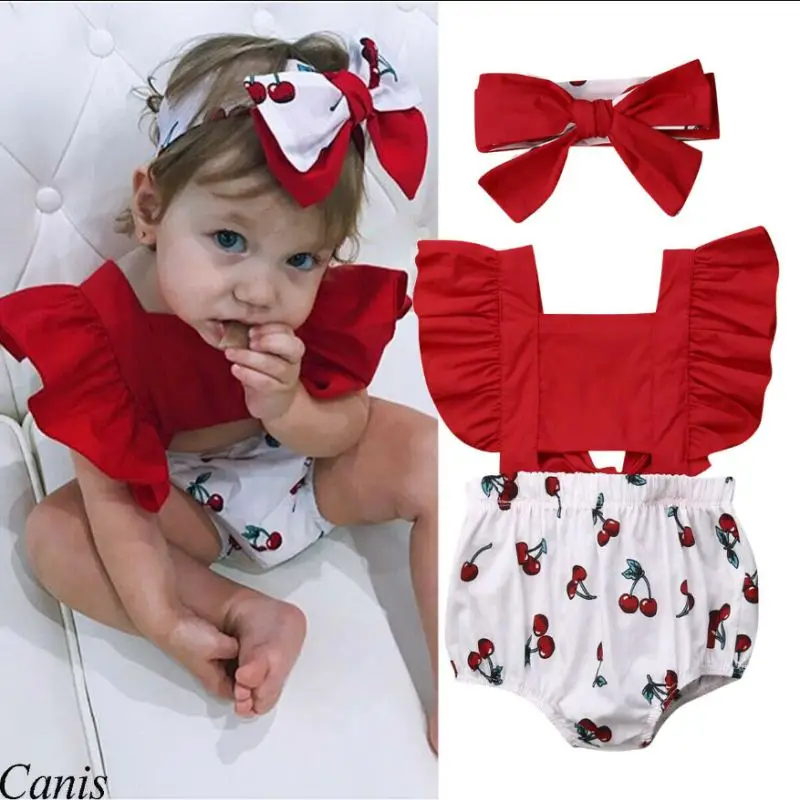 

2Pcs Newborn Kids Baby Girl Ruffle Big Bow Bodysuit Sunsuit Outfit Summer