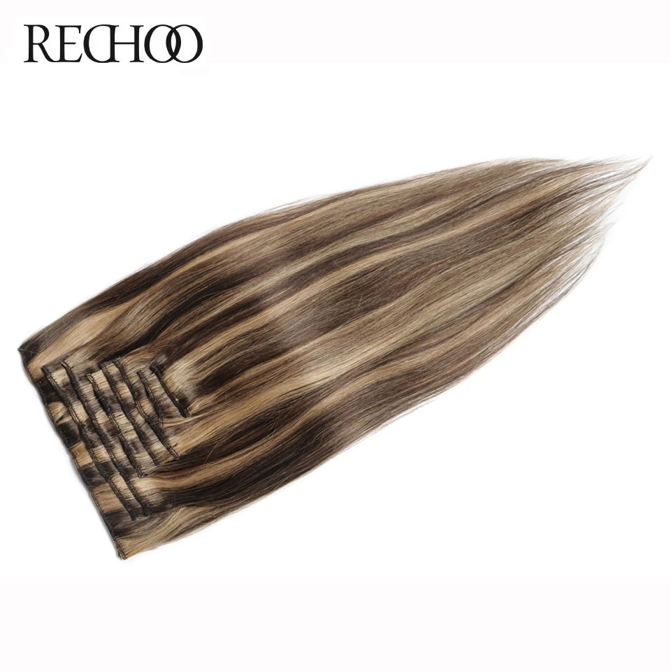 

Rechoo Non-Remy 100G Natural Clips in Hair Color #4/27 Brazilian Straight Human Hair Clip in Extensions 7Pcs 16-26 inches