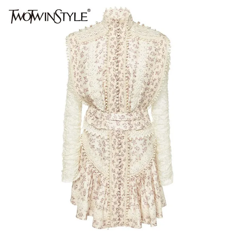 

TWOTWINSTYLE Hair Balls Lace Patchwork Dress For Women Stand Collar Long Sleeve Print Mini Dresses Female Fashion 2019 New