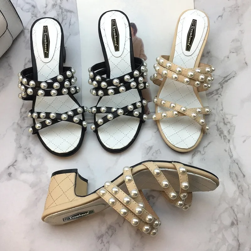

2019 Summer women's pearls sandals Chic elegant high heel slippers shoes EU35-41 size BY676