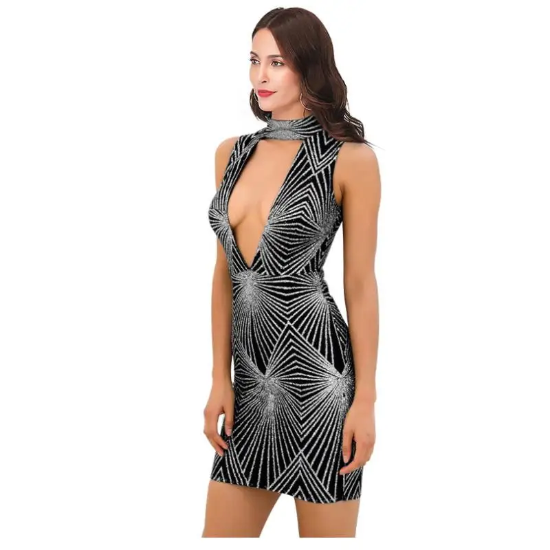 

Newest Women carnival Sexy Open chest Sleeveless Sequined Bodycon Dress Vestido Shining Club Slim Party Mini Dress Geometry