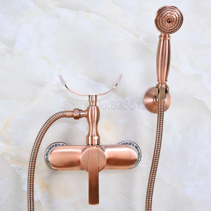 

Antique Red Copper Single Handles Bathtub Shower Faucet Wall Mount Bathroom Tub Faucet with Handheld Sprayer tna350