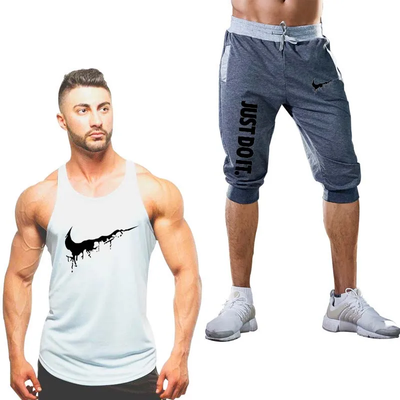 2019 бренд мужской горячий спортивный костюм Лето Новый мужской жилет костюм + шорты модные печатные тренировочные брюки фитнес короткие