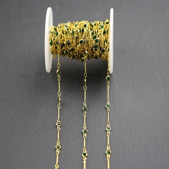 

4mm,Wire Wrapped Golden Plated Copper Rosary Links Necklace,Dark Green Glass Coin Shape Beads Chain Jewelry
