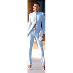 Новая мода светло голубой женские деловые костюмы женские офисные форма строгие брюки для свадьбы Дамы брючный костюм