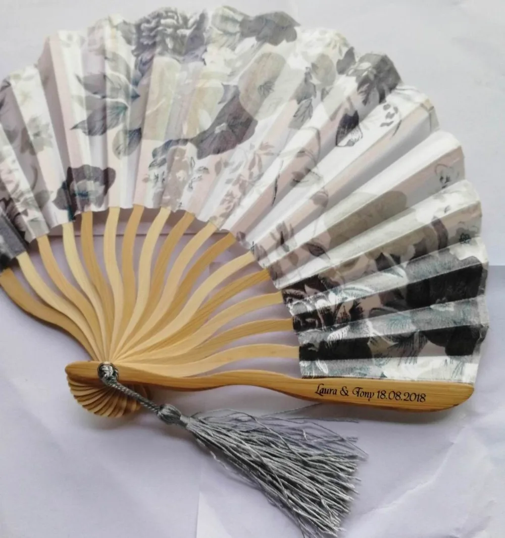 110 шт персонализированные/Индивидуальные бамбуковые полиэстер цветы свадебные Китайский Японский складной веер с кисточкой+ печать