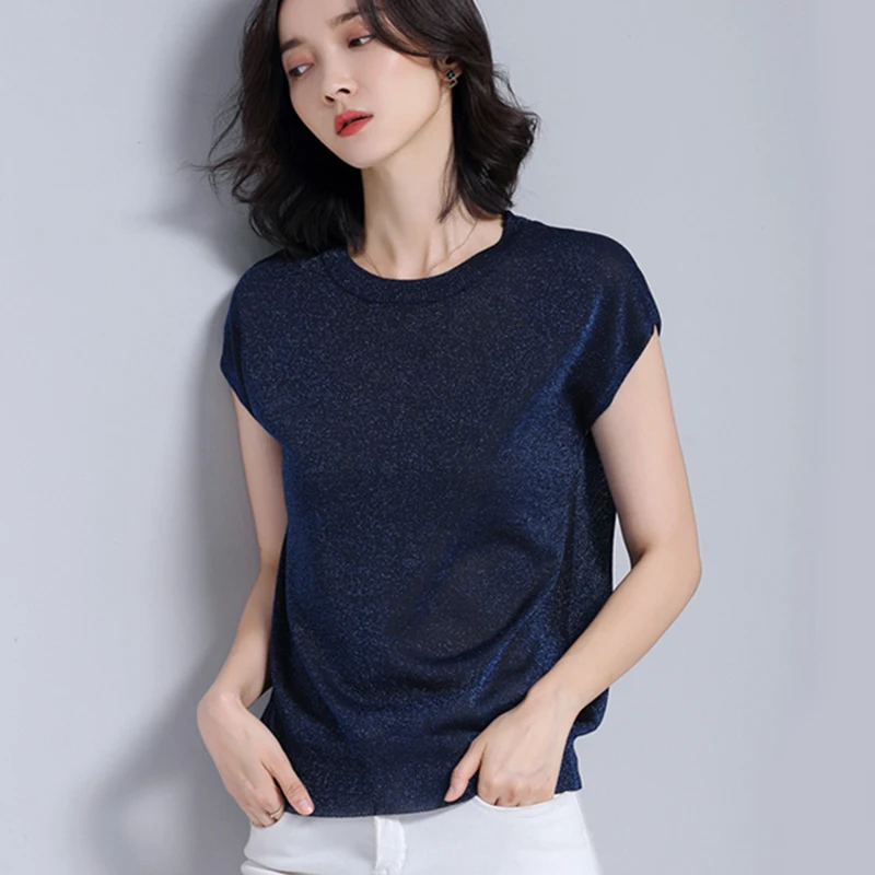 

shintimes Silk Knitted T Shirt Women Short Sleeve Top Summer 2019 Casual T-Shirts Female Woman Clothes Loose Tee Shirt Femme
