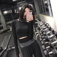 Zisilao дышащая удобная женская футболка быстросохнущая Удобная футболка черный короткий топ фитнес топы с длинными рукавами